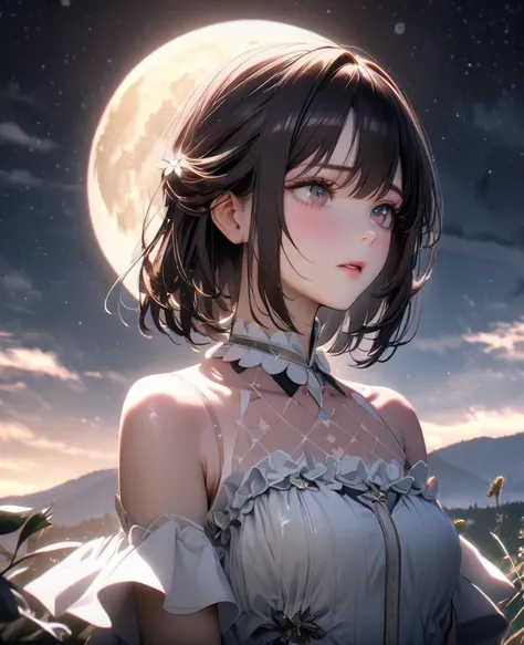 8k,Ephemeral beauty， very delicate and beautiful, Beautiful Realistic Skin , shiny hair, shiny dark hair 、 short bob, beautiful eyes, A Beautiful Night Sky 、full moon、shy、White frilly costume 、ＮＯ hair accessory、  half up your hair 、Don&#39;I don&#39;t put ...