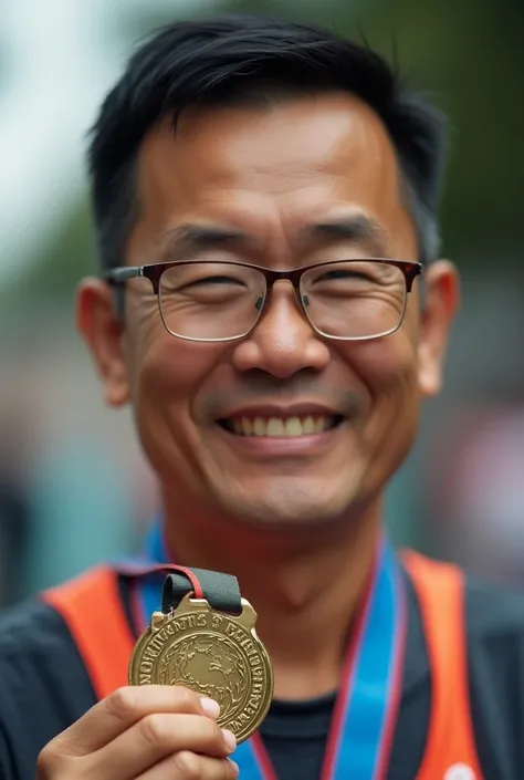 30 yo Fat indonesian man with glasses, short hair, finish half marathon, show his finisher medal