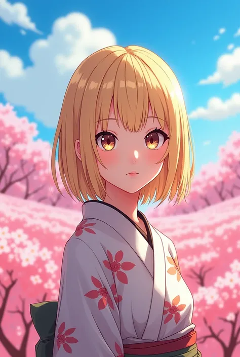 A vibrant anime-style portrait of a young Japanese woman with straight blonde hair, shoulder-length, wearing a modern kimono with floral patterns. Her large expressive eyes are detailed, reflecting sunlight. She stands in a field of cherry blossoms in full...