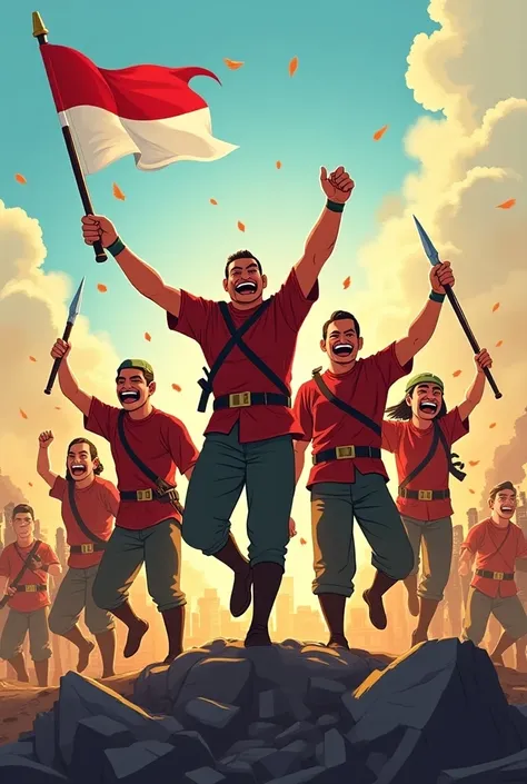 A cartoon image of heroes from indonesia after win a war versus enemy