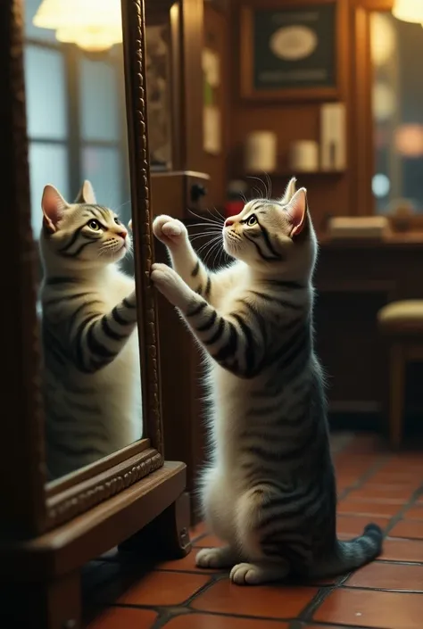 A CAT TAKING A PICTURE IN A BARBERSHOP MIRROR 