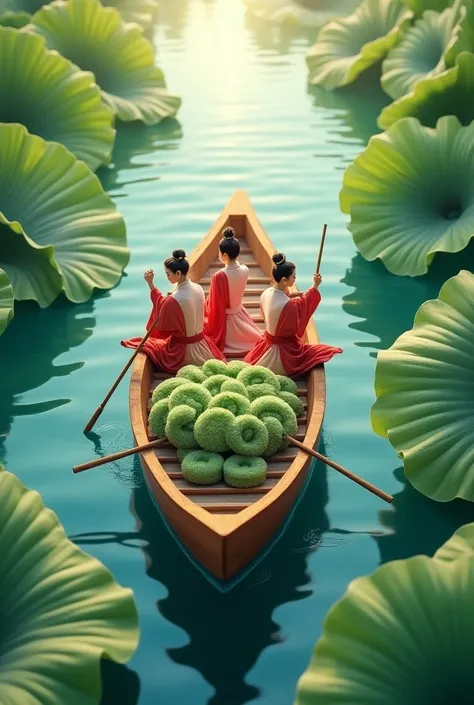 Dragon Boat Festival, on the surface of the water there are 3 ren wearing Hanfu rowing on the dragon boat, there are delicious zongzi on the boat, green zongzi are super detailed,  The best quality , there are lotus leaves in the water, super detailed  