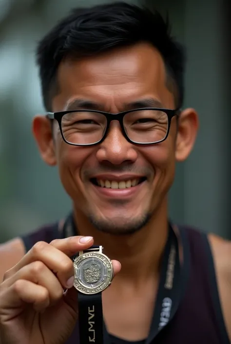 30 yo Fat indonesian man with glasses, short hair, finish half marathon, show his finisher medal