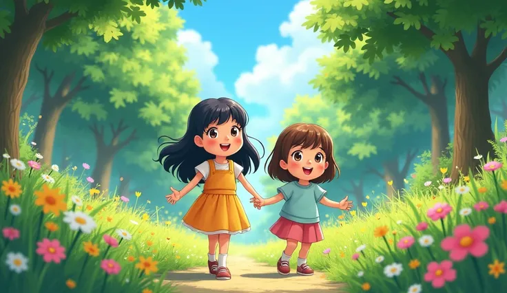 "Two young girls, one with long black hair and the other with short curly brown hair, are smiling and holding hands in a green park filled with trees and flowers. They look excited and ready for an adventure."
