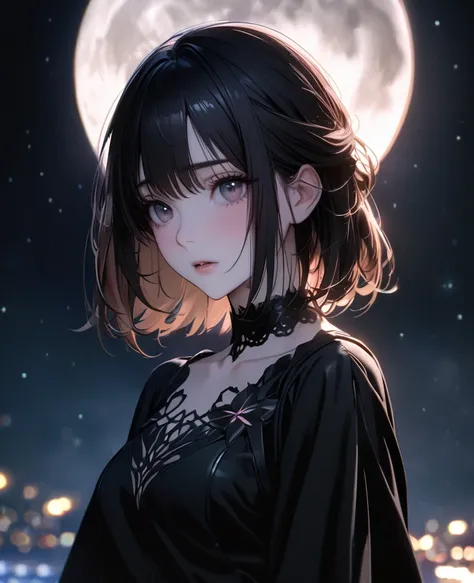 8k,Ephemeral beauty， very delicate and beautiful, Beautiful Realistic Skin , shiny hair, shiny dark hair 、 short bob, beautiful eyes, A Beautiful Night Sky 、full moon、shy、Black outfit、ＮＯ hair accessory、  half up your hair 、Don&#39;I don&#39;t put anything ...