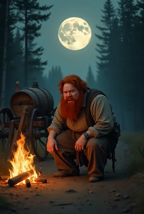 Create the image of a red-haired man, he is half fat, hair and beard red, simple clothes, crying kneeling in front of his wagon on fire. The wagon has a donkey and its barrels that are on fire. The setting is a mud road in the middle of a full moon in the ...