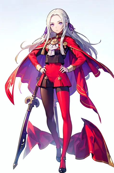 (masterpiece, Best Quality),  complicated details ,  1 girl,  Edelgard,  1 girl, Long Hair,  purple eyes, Alone,  viewers wearing rubber suits  , Cape,  hair ornament, ribbon, uniform,  simple background,  puts his hands on his hips,  is standing, red pant...