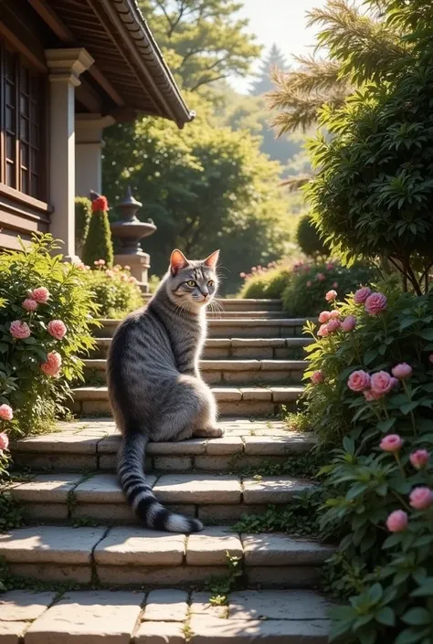  stone staircase looking down at a woman、A beautiful and elaborate cat on a 、Serene landscape、Flowers on one side、Sunny day、4K、8k、 Hi-Res、masterpiece:1.2、Super detailed、 real、 photorealistic 、 photorealistic :1.37、Natural Light、Warm tones、 delicate details...