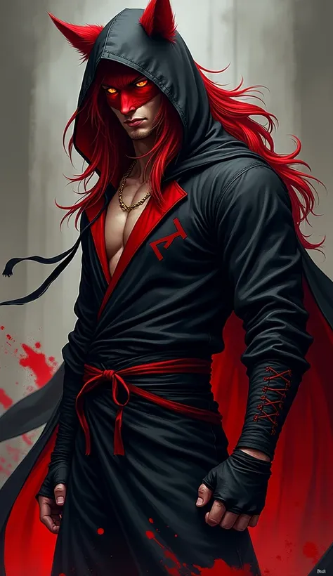   Full body image, manga style, Where is there a handsome man , Half human and half male feline,  with long red hair ,  crimson eyes of tall and strong physical size , hooded face with sexy eyes ,  wearing ninja robe with ninja cap in black with red detail...