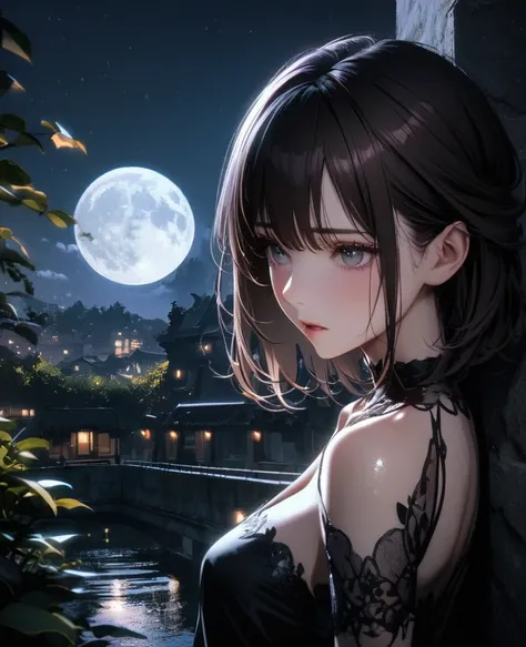 8k,Ephemeral beauty， very delicate and beautiful, Beautiful Realistic Skin , shiny hair, shiny dark hair 、 short bob, beautiful eyes, A Beautiful Night Sky 、full moon、shy、Black outfit、ＮＯ hair accessory、  half up your hair 、Don&#39;I don&#39;t put anything ...