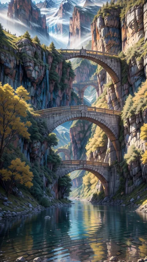 Picture of a bridge over a river with mountains in the background ,  beautiful art UHD 4K , Landscape painting, anime art wallpaper 4k,  Anime Art Wallpaper 4K, Detailed painting 4k, 8k high quality detailed art,  Anime Art Wallpaper 8K ,  Anime Scenery Wa...