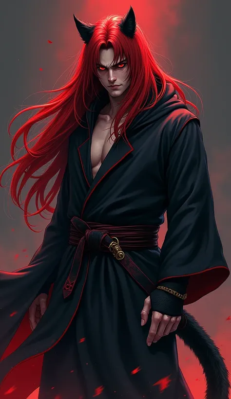   Full body image, manga style, Where is there a handsome man , Half human and half male feline,  with long red hair ,  crimson eyes of tall and strong physical size , hooded face with sexy eyes ,  wearing ninja robe with ninja cap in black with red detail...