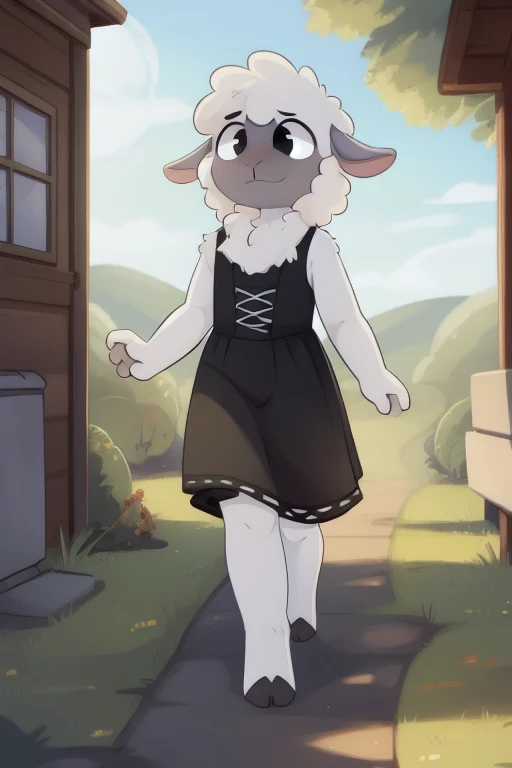 wooley ,sheep girl, white fur,  gothic dress, walk,