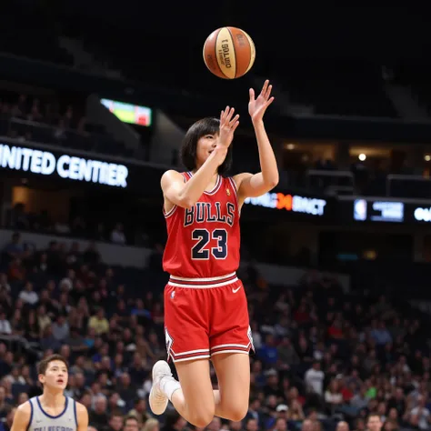 A Japanese beautiful woman  in mid-air, 20 years old, Smiling, very sweating, Black hair, Bob cut, Wearing a V-neck mini dress with BULLS and the number "23" on the front, Shooting a basketball, The scene is set in an indoor basketball court with spectator...