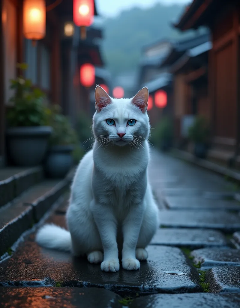 Realistic, theme is "Cat on the stone steps", on the stone steps of old town in Kyoto, Japan, on the wet stone pavement after sprinkling water, a white cat standing on the stone steps, with cute blue eyes, looking at you with a serious face, evening scenery of Kyoto as darkness draws in, sophisticated design, advanced lighting technology, real photo 8K quality