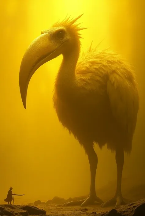 Ancient sacred Gastronis, Yellow , light, Terror bird, Not human , Flightless , profile,  huge body, beak, and head, A thick beak with a large ,  has a big head like an ostrich,  area like an ostrich