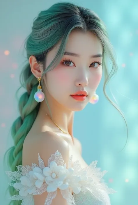 A stunning portrait of a Korean woman with radiant aurora-hued opal hair, styled in a sleek, flowing braid that seamlessly transitions from delicate shades of pale pink, mint green, and soft blue. Her makeup is expertly applied, with subtle opal-hued eyesh...