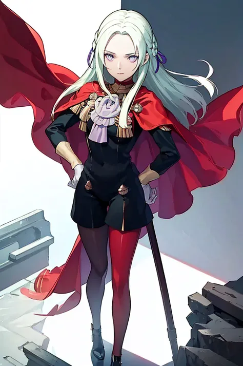 (masterpiece, Best Quality),  complicated details ,  1 girl,  Edelgard,  1 girl, Long Hair,  purple eyes, Alone,  viewers wearing rubber suits  , Cape,  hair ornament, ribbon, uniform,  simple background,  puts his hands on his hips,  is standing, red pant...