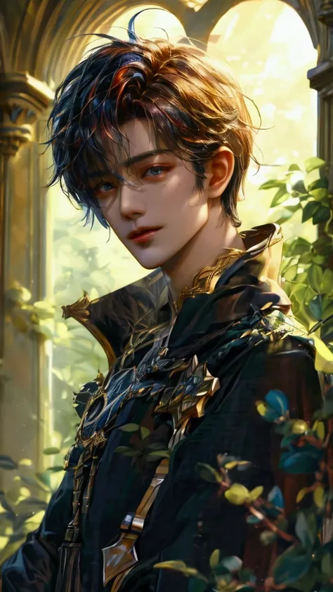 (absurdres, highres, ultra detailed, HDR), masterpiece, Intricate details, best quality picture of a character from Star Ocean, handsome korean teen boy with short Hair anime eyes, intricate details on face, Hero Outfit showing Chest with cape in vivid col...