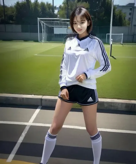 Araf posing in a soccer uniform on the soccer field,  wearing a school soccer uniform, Wearing Adidas clothing,  TONE UP , Professional sports style,   tattoo on upper chest , Cute Sportswear,  Korean Girl , Shin Min-jung, Lee Ji-eun, Lee Ji-eun, Jung Ha-c...