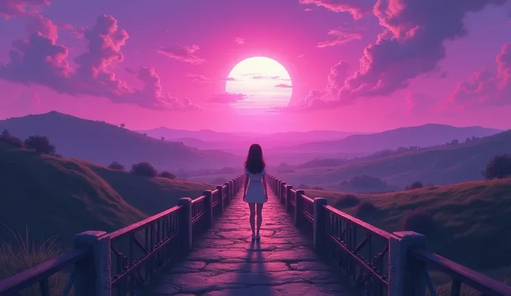 Girl standing middle of the bridge and background purple sunset view of landscape