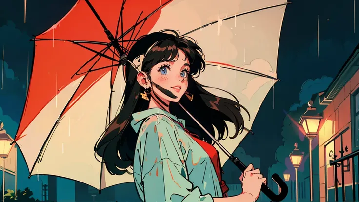 Best Quality, 8k,  Hi-Res、 detailed background、1990s Style, 2010s Hairstyle , Very beautiful 21 year old girl ,  (((Long black hair)) ,Droopy eyes, Big headphones,  big chest, ((smile)),  I cant control my light brown eyes holding a large umbrella,  is sta...