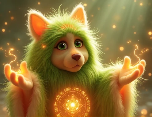 Furry muppet glowing with divine green and golden lights and using healing magics 