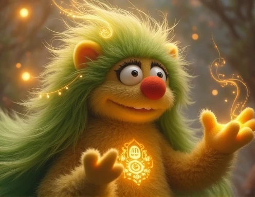 Furry muppet glowing with divine green and golden lights and using healing magics 