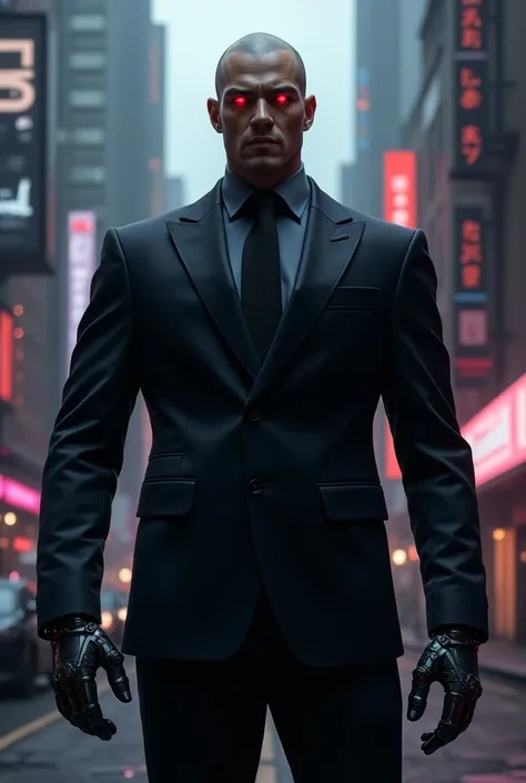 A towering, hulking cybernetic man standing at 66", wearing a sharp, tailored dark suit that perfectly fits his augmented physique. His face is a mix of humanity and machine, with high cheekbones, a square jaw, and visible cybernetic implants that frame hi...