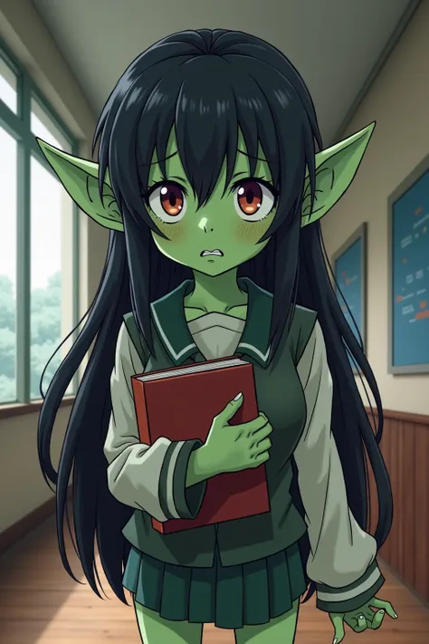 An adult goblin woman, very very short, with long black hair, green skin, pointed ears, long pointed teeth and long nails, wearing a school uniform with short skirt, clasping a book to her chest, shy and uncertain expression, inside a college, in full view...