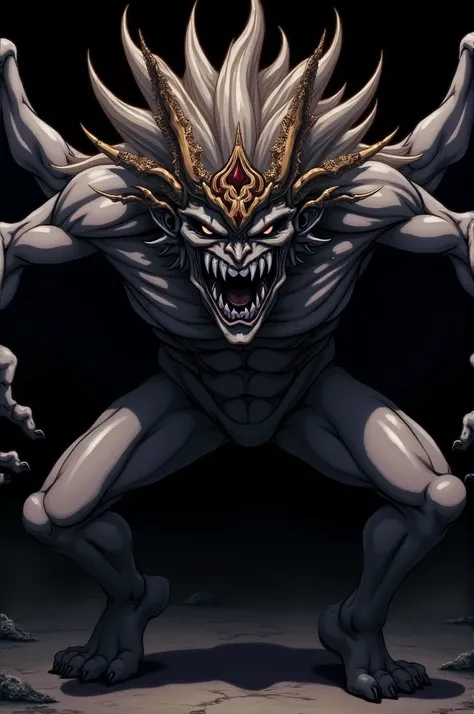 Anime Mahoraga Black background with legs close had spread horizontally crazy smile with his crown shining .