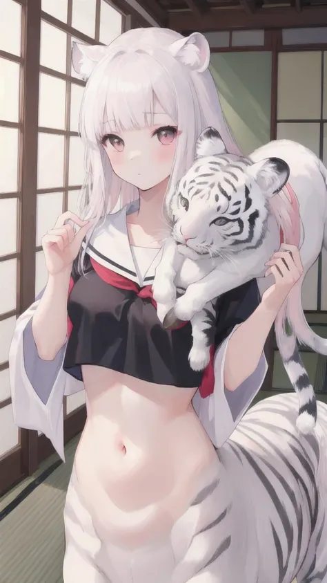 (best quality, masterpiece), 1 girl, centaur, I beg, White skin, Japanese schoolgirl,daughter,black pink, exposing the abdomen, belly button t-shirt , beautiful girl perfect, White tiger photo, 완벽한 White tiger photo