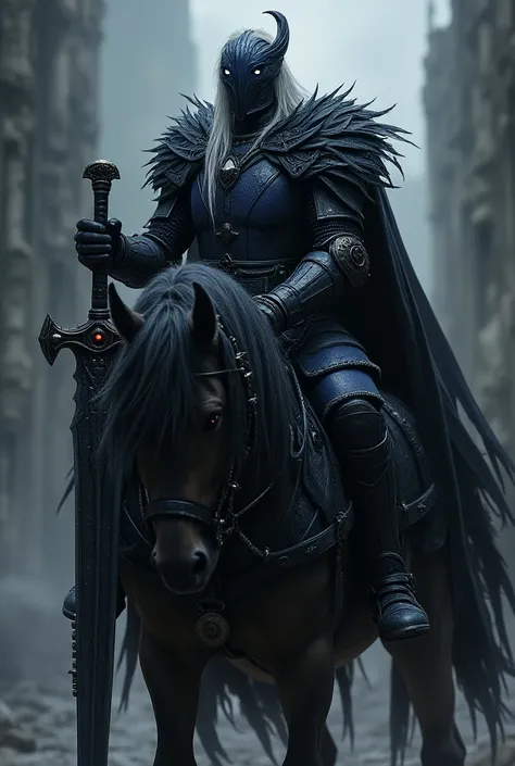 This detailed digital artwork features a male warrior in Death Knight-inspired heavy armor, mounted on a vicious undead steed. His long hair is black and white, interspersed in a striking pattern, flowing from beneath a dark helmet adorned with raven and f...