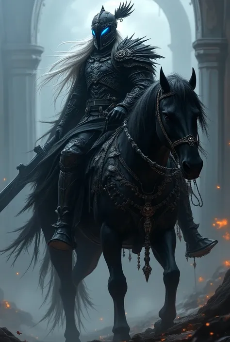 This detailed digital artwork features a male warrior in Death Knight-inspired heavy armor, mounted on a vicious undead steed. His long hair is black and white, interspersed in a striking pattern, flowing from beneath a dark helmet adorned with raven and f...