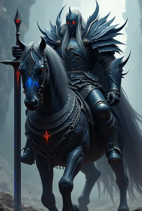 This detailed digital artwork features a male warrior in Death Knight-inspired heavy armor, mounted on a vicious undead steed. His long hair is black and white, interspersed in a striking pattern, flowing from beneath a dark helmet adorned with raven and f...