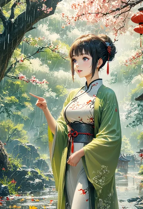  1 girl,  Cai Guorun illustration style , Rainy and clear season, Under the willow tree, Shepherd Boy, In the Rain, Pointing into the distance, Pointing the way to Xinghua Village, Spring is full of freshness, Rich details, Spring scenery, Flat Design, Gen...