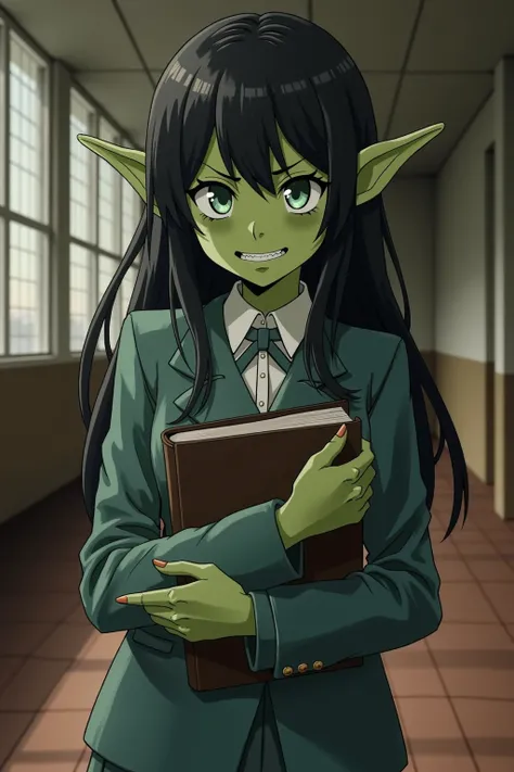 An adult goblin woman, very very short, with long black hair, green skin, pointed ears, long pointed teeth and long nails, wearing a school uniform with short skirt, clasping a book to her chest, shy and uncertain expression, inside a college, in full view...