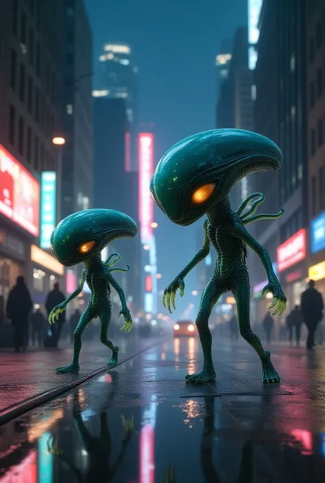 Aliens in a city at night 