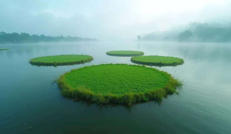 8. Loktak Lake, Manipur with Floating Islands (Phumdis)

An expansive lake with unusual circular, floating islands of vegetation known as phumdis. The islands appear lush with greenery, gently drifting in the blue-green waters. The atmosphere is tranquil, ...