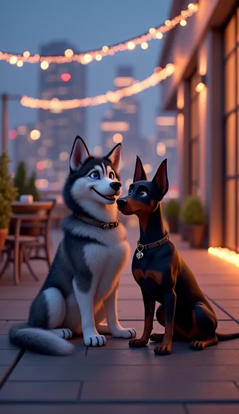 *Setting:** A chic rooftop terrace decorated with fairy lights and a view of the city skyline.
- **Character Features:** Max(a stunning Siberian husky with a thick double coat of gray and white fur, strong athletic build), looks dapper, his fluffy coat per...