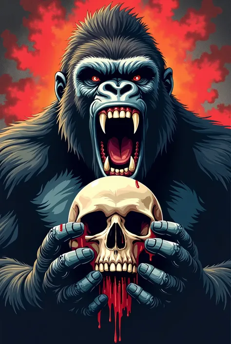 "Create aggressive, powerful graphic art intended for a t-shirt print. The focus should be a close-up of a ferocious gorilla, displaying intense, menacing eyes and sharp, bared teeth. The gorilla should firmly hold a human skull within reach, with blood dr...