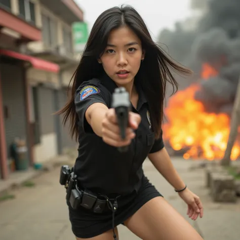 A very cool beauty Japanese actress, 20years old, Detailed pores, Detailed hair, Detailed eye brows, Detailed eyelashes, Sweaty, Wearing police officer clothes mini skirt and black short shoes, Beautiful legs, Black hair, Long straight hair, Holding a gun ...