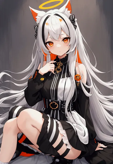 (masterpiece,  best quality ),  1girl,   cocoons,  long hair,  orange eyes , gray hair, bang,  multicolored hair, striped hair , animal ears, halo, black dress, Striped dress, vertical-Striped dress,  pelvic curtain , white skirt, black jacket,  long sleev...