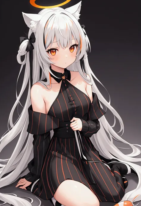 (masterpiece,  best quality ),  1girl,   cocoons,  long hair,  orange eyes , gray hair, bang,  multicolored hair, striped hair , animal ears, halo, black dress, Striped dress, vertical-Striped dress,  pelvic curtain , white skirt, black jacket,  long sleev...