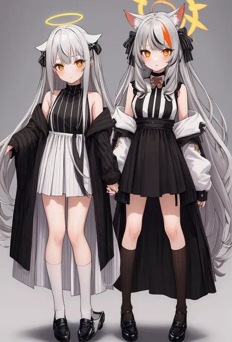 (masterpiece,  best quality ),  1girl,   cocoons,  long hair,  orange eyes , gray hair, bang,  multicolored hair, striped hair , animal ears, halo, black dress, Striped dress, vertical-Striped dress,  pelvic curtain , white skirt, black jacket,  long sleev...