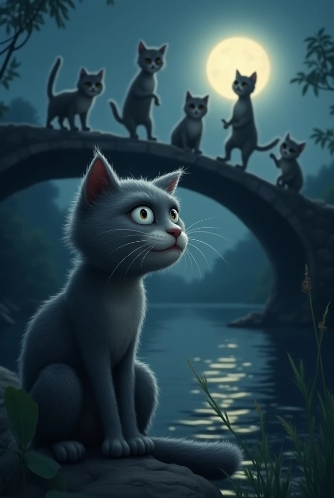 "A calm night under the light of a full moon. In the scene, an elderly cat with humanized features (with an expression of tiredness and introspection, expressive eyes and an upright posture) he watches an illuminated bridge from which silver light emanates...