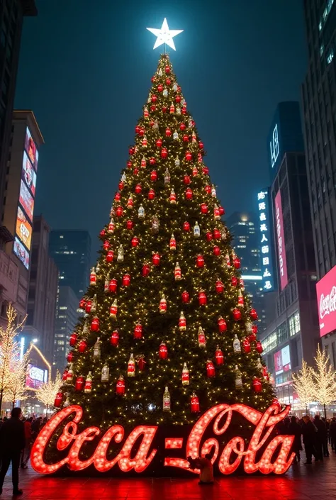 A Coca-Cola and Christmas ,  poster where the main character is a large Christmas tree, And say very big as the title Jockey Plaza