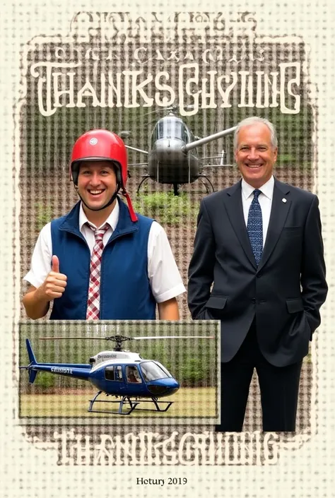 vintage t-shirt design : The image is a collage of three photos. On the left side, there is a photo of a man wearing a red helmet and a blue vest, smiling and giving a thumbs up. He is standing in front of a helicopter with the words "Cedar Ridge Aviation ...