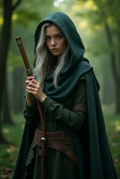 Robin hood rebellious half elf women with silver choppy long hair and greyish blue eyes holding a pan flute and hooded cloak