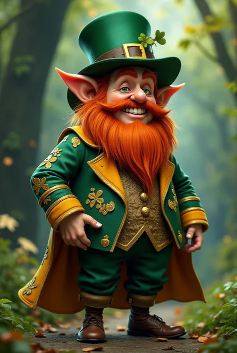 A leprechaun in his gold and blue and yellow suit
